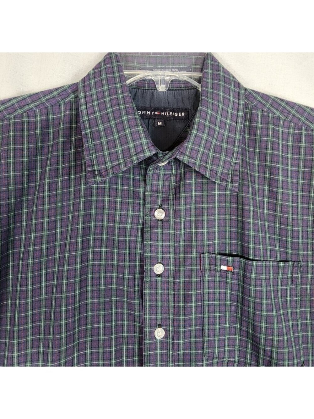 Tommy Hilfiger Shirt Mens M Purple Plaid Short Sleeve Office Preppy Casual